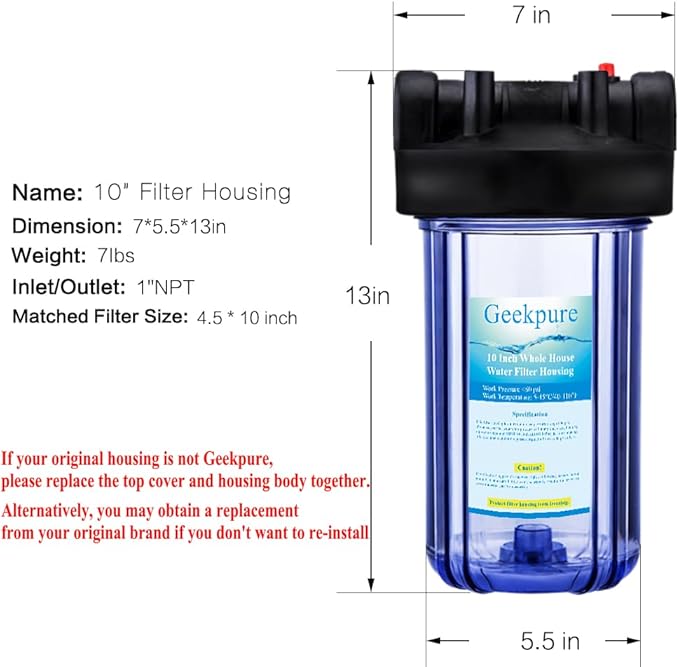 Geekpure 10 Inch Water Filter Housing for Whole House Water Filtration with Wrench Bracket -1" Port-Clear -4.5" x 10" (4)