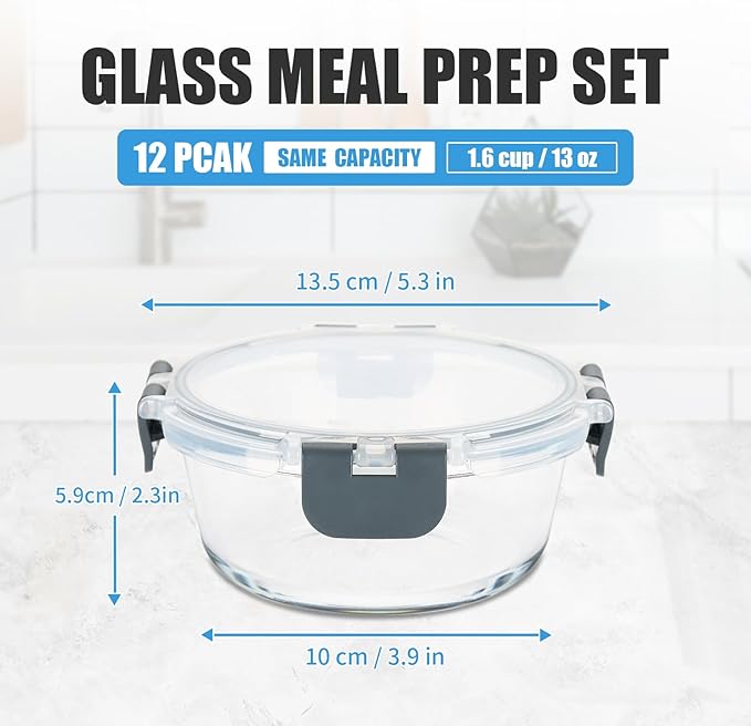 12 Pack Small Glass Food Storage Containers with Lids Airtight, 13oz Leak-Proof Meal Prep Containers Set, Freezer to Microwave Safe, Dishwasher Safe-FlexoryFit
