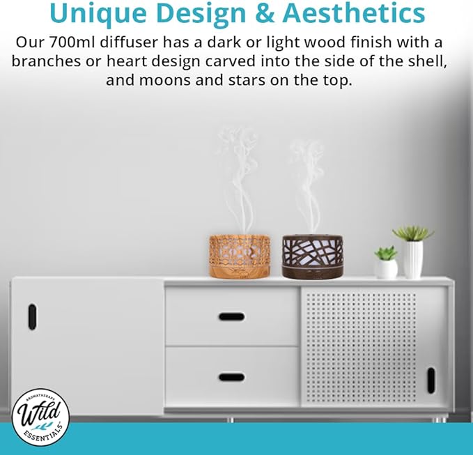 Wild Essentials 700ml Designer Large Room Essential Oil Diffuser, 5 in 1 Ultrasonic Aromatherapy Vaporizer Cool Mist Humidifier, Home, Office, Bedroom, Timer, Auto-Off, 7 Color LED (Light Wood Hearts)