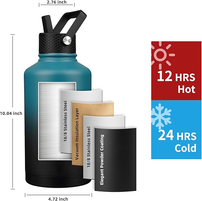 Insulated Water Bottle 64oz,Triple Wall Vacuum Stainless Steel(Dishwasher Safe),Leak Proof & Non-BPA,Flask Jug with Paracord Handle & Straw Spout Lids Sports-FlexoryFit