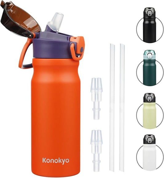 Insulated Water Bottle with Straw and Carry Loop,18 oz Stainless Steel Double Wall Vaccum Metal Water Flask with Leak-proof Lid,Orange-FlexoryFit