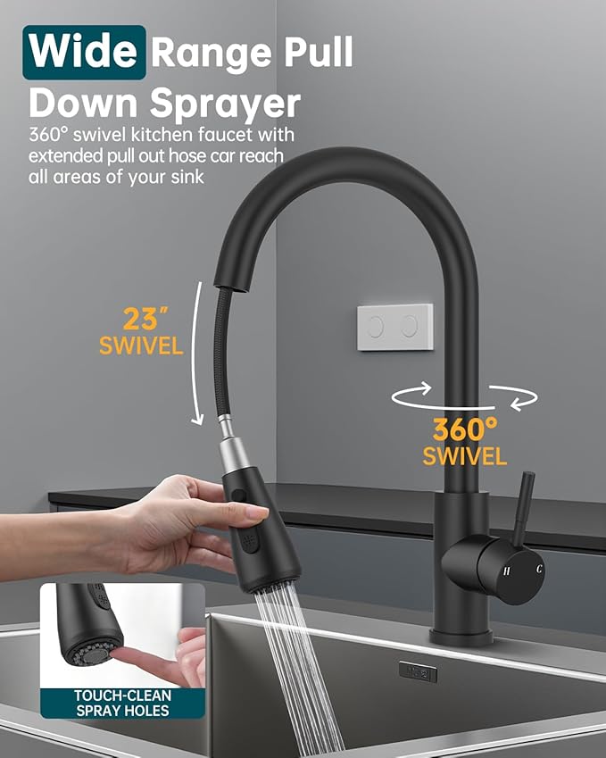 Black Kitchen Faucet with Soap Dispenser & Pull Down Sprayer, Rv Kitchen Sink Faucets for Pot Filler, Farmhouse Camper Bar Sink Laundry, RV Bathroom, Single Hole Single Handle Stainless Steel