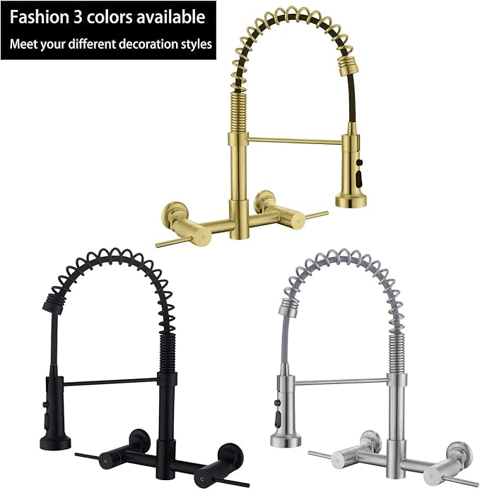 Wall Mount Kitchen Faucet, 8 Inch Center Wall Mount Kitchen Sink Faucet with Pull Down Sprayer, Commercial, Black
