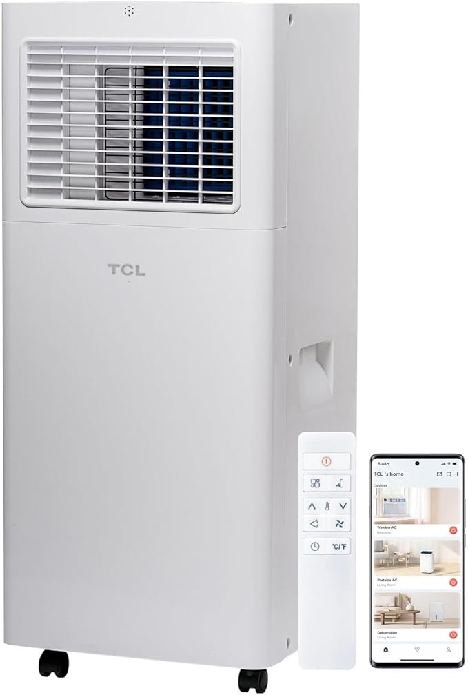 TCL 5,000 BTU Smart Portable Air Conditioner, Fan & Dehumidifier, 150 Sq. Ft., Ultra-Compact Design, Remote Control, Works with Alexa/Google Assistant, Install Kit Included – H5P44W