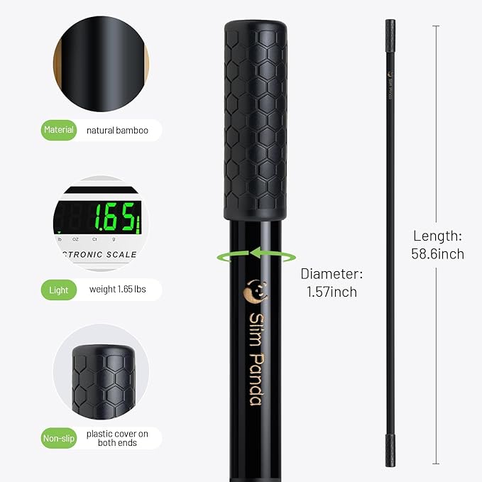Slim Panda Yoga Stick, 5ft Natural Bamboo Stick with Rubber Ends, Exercise Stretching Stick for Yoga, Stretching, Balance and Correcting Posture, Rehabilitation Physical Therapy Aids-FlexoryFit
