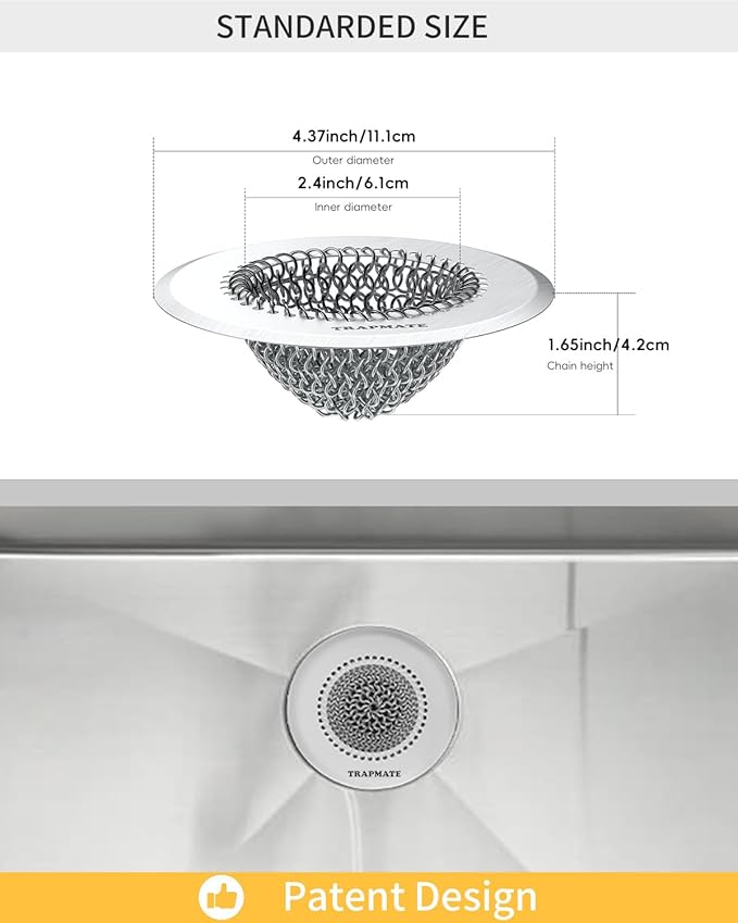 TRAPMATE 2 Pcs Kitchen Sink Strainer, Easy Clean Sink Drain Strainer, Anti-Rust Stainless Steel Sink Strainer, Anti-Clogging Strainer for Garbage Disposal, Dishwasher Safe (Patented Product)