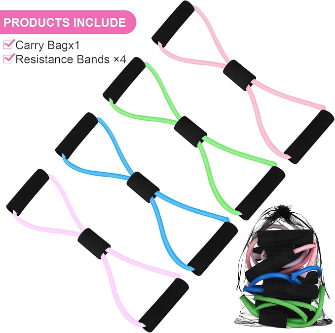 Figure 8 Shaped Resistance Bands -4-Pack Workout Bands with Handles Figure, 8 Exercise Bands for arm Shoulder Stretching, Leg Stretching, Yoga, Pilates, Home Gym Workout Equipment for Women Men-FlexoryFit