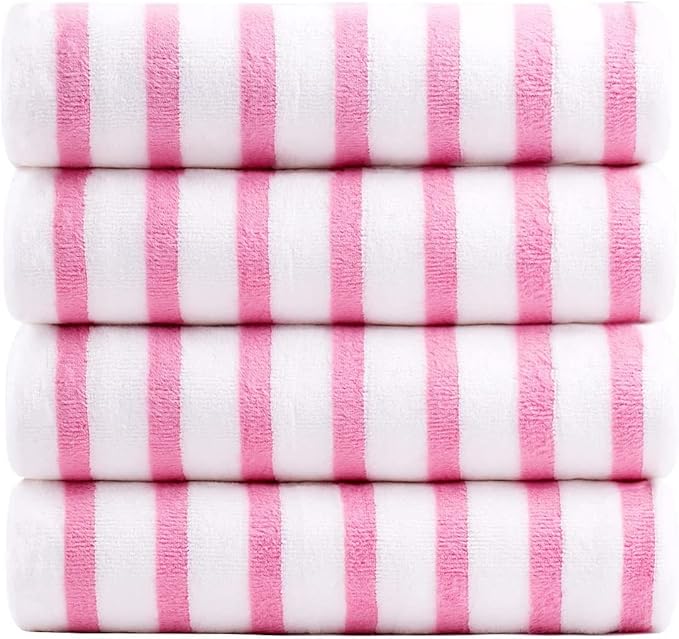 JML Microfiber Beach Towels, Bath Towel Set (4 Pack, 27" x 55") - Extra Large, Soft, Absorbent, Fast Drying, Multipurpose for Hair, Bathroom, Swimming, Fitness, Sport, Yoga -Stripe Pink-FlexoryFit
