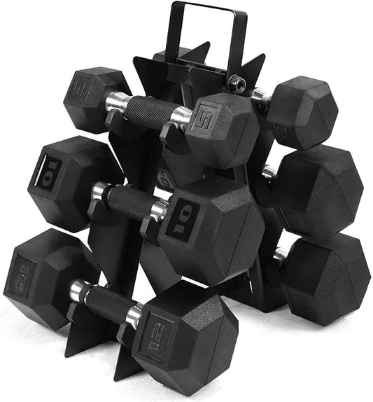 WF Athletic Supply Rubber Encased Hex Dumbbells with Rubber Grip Contoured Handle for Muscle Toning, Strength Building & Full Body Workout-FlexoryFit