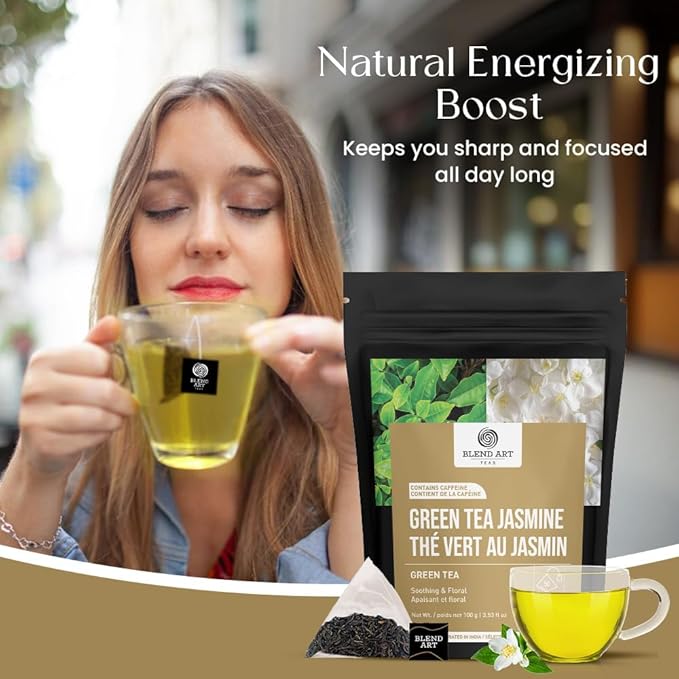 Jasmine Green Tea Bags, 50 Counts, Mountain Loose Leaf Green Tea, Flavored, Delightful Aroma, Sugar Free, 100% Natural Gluten Free, Medium Caffeine Brew As Hot, Cold Or Iced Tea-FlexoryFit