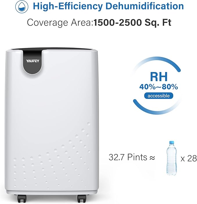 Yaufey 2500 Sq. Ft Home Dehumidifier for Medium to Large Rooms and Basements with Auto or Manual Drainage, 0.48 Gallon Water Tank Capacity - Low Noise and 24 Hr Timer
