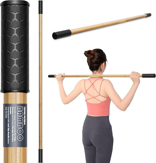 Bamboo Stretch Yoga Stick, 5ft/149 cm, Flexibility Stick for Physical Therapy, Premium Yoga Dowel with Super Sturdy Rubber Handle Ends, Exercise Bar for Posture Corrector-FlexoryFit