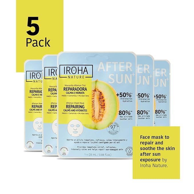 IROHA NATURE, Skin Care Mask to Repair and Soothe After Sun Exposure - Pack of 5 Pieces-FlexoryFit