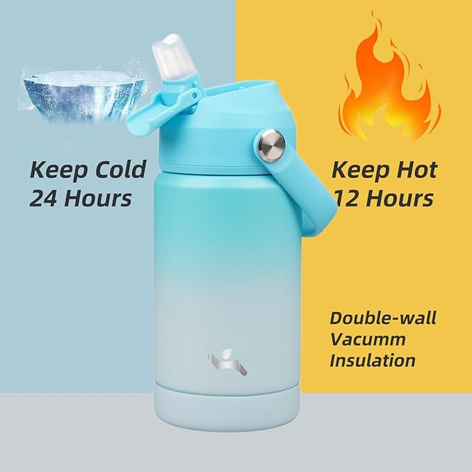 Insulated Water Bottle with Straw Lid,12 oz Stainless Steel Vacuum Metal Bottle with Silicone Handle,Sea Salt-FlexoryFit
