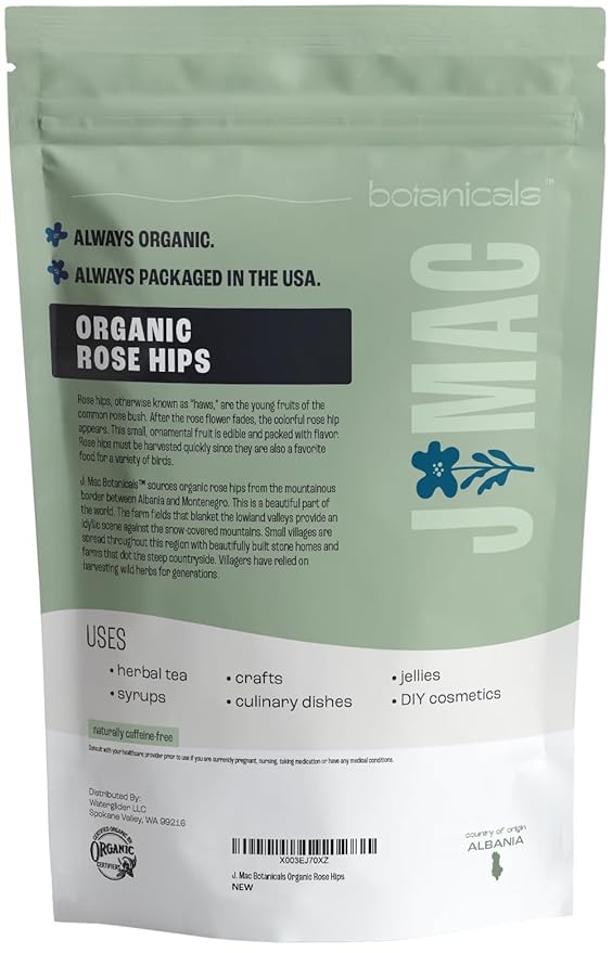 J MAC BOTANICALS Organic Rose Hips (1 Lb Bag) Whole, natural organic dried rose hips for herbal tea, rosehips dried organic, rosehip tea, packaged in the USA-FlexoryFit