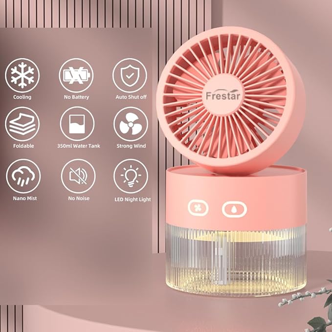 Personal Cooling Fan and Small Air Humidifier 350ml with LED Night Light, Desktop USB Charging Humidifier and Fan 3 in 1 for Office and Small Room, No Battery (Pink)