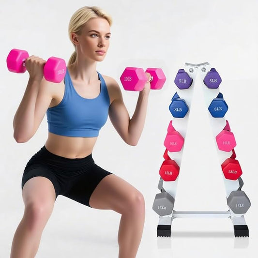 Ritafer 6-10 Pair Hex Rubber Dumbbell Set 350/450 and 550 lbsï¼?-50 lbs ）Hand Free Weight for Strength Coated Encased Iron Weights with Dumbbells Storage Rack Home Gym-FlexoryFit