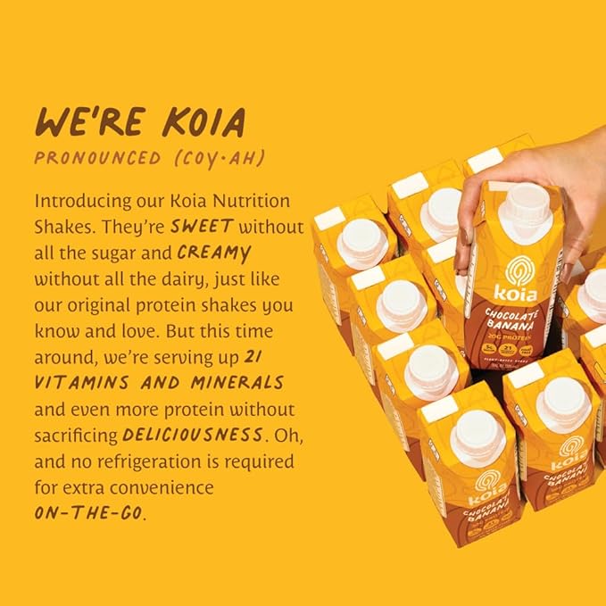 Koia Plant Based Protein Shake, Chocolate Banana, 20g Protein, 5g Sugar, 6g Prebiotic Fiber, 21 Vitamins & Minerals, Meal Replacement Drinks, Dairy-Free, Gluten-Free, Non-GMO, 11 Fl Oz (Pack of 12)-FlexoryFit