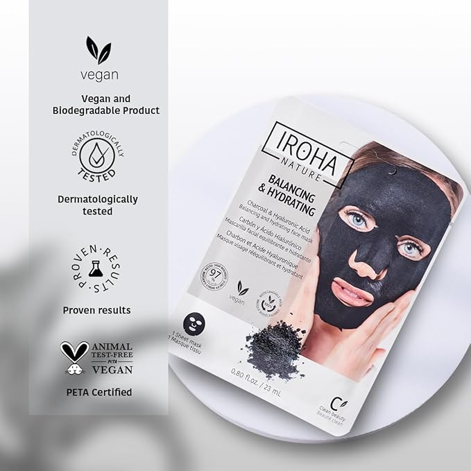IROHA NATURE Rebalancing & Hydrating Tissue Face Mask | 15 Pieces | With Charcoal & Hyaluronic Acid | Deep Purifying for Clean, Clear Skin | Results in 15 Minutes | 100% Vegan-FlexoryFit