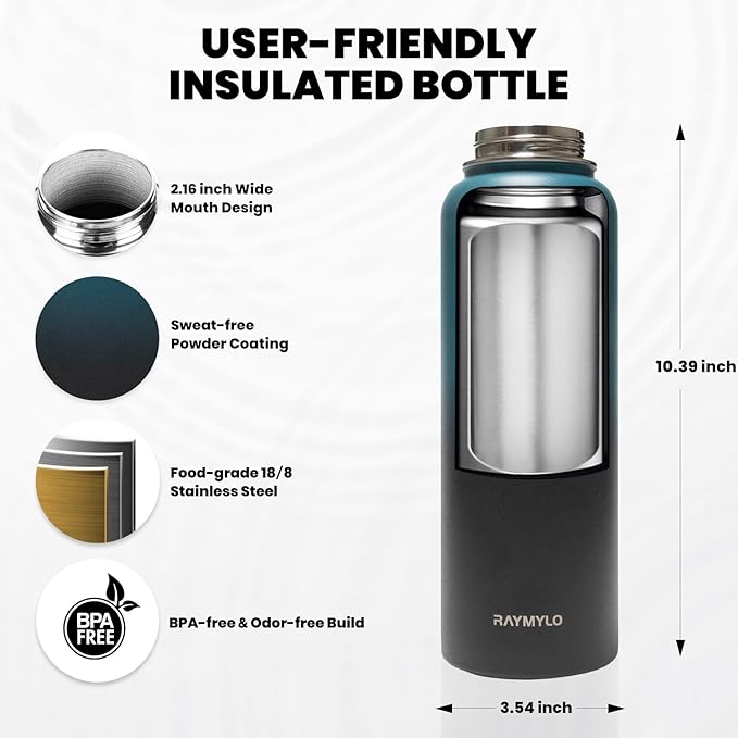 Insulated Water Bottle 40 oz, Triple Wall Vacuum Stainless Steel (Cold for 48 Hrs), Leak Proof & Non-BPA, Modern Water Flask Jug with Paracord Handle & Straw Spout Lids, Indigo/Black-FlexoryFit