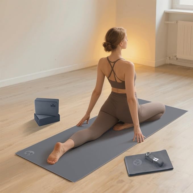 Clever Yoga - 7 Piece Yoga Kit for Women & Men, 6mm Cushioned Mat, 2 Blocks, Strap, Mat and Hand Towels & Carrying Bag - Starter Yoga Set, Accessories & Equipment for Home Workout-FlexoryFit