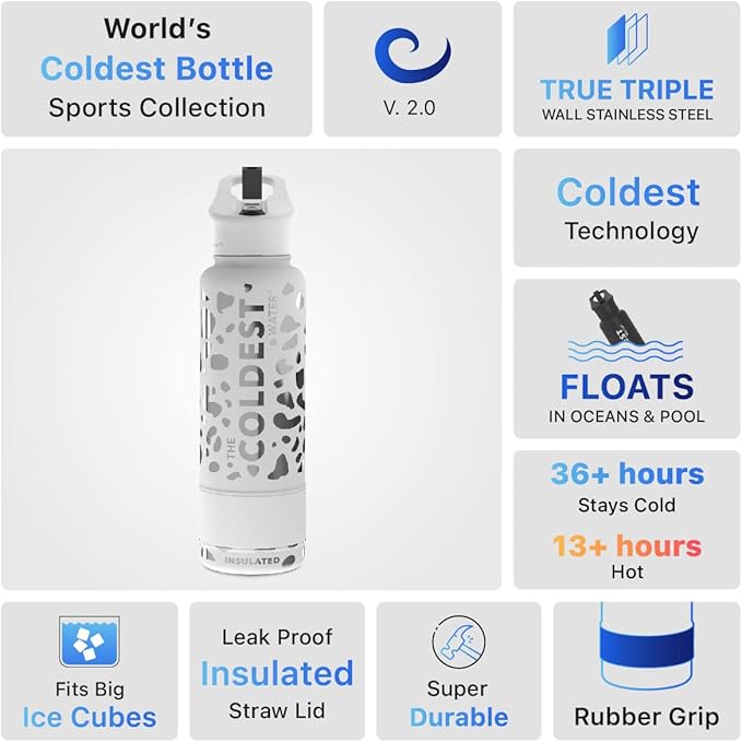 Coldest Insulated Water Bottle with Straw Lid - Stainless Steel Metal Insulated Bottle for Men & Women (Silver Leopard, 40 oz)