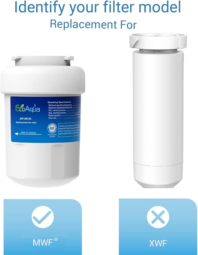 EcoAqua EFF-6013A Replacement Filter, Compatible with GE MWF SmartWater, MWFA, MWFP, GWF, GWFA, 46-9991, HDX FMG-1, WFC1201, GSE25GSHECSS, PC75009, RWF1060 Refrigerator Water Filter, 2 Pack