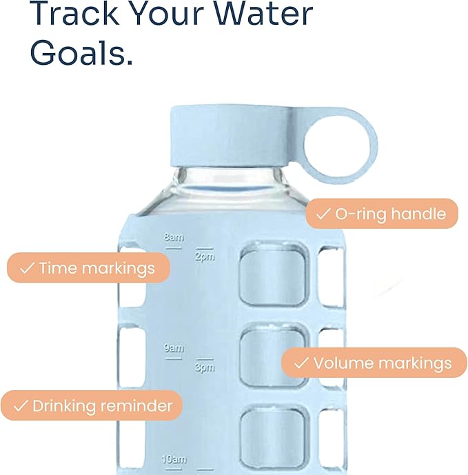 purifyou 40oz / 32oz / 22oz / 12oz Borosilicate Glass Water Bottle with Time & Volume Markers, Silicone Sleeve, Stainless Steel Lid | Reusable Glass Bottle for Water & Juice (40oz Ice Blue)