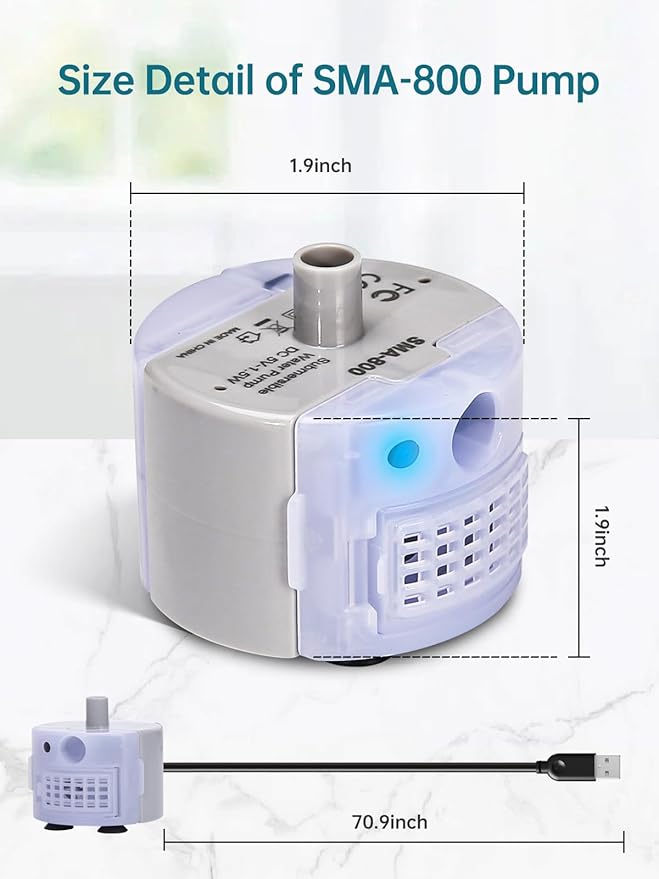 Cat Water Fountain Pump, Replacement Pump for 2L/ 3.2L / 4L Stainless Steel Cat Water Fountain, Ultra Quiet Fountain Pump SMA-800 Submersible Motor with IP68, Low Power Consumption 1.5W and USB Cable