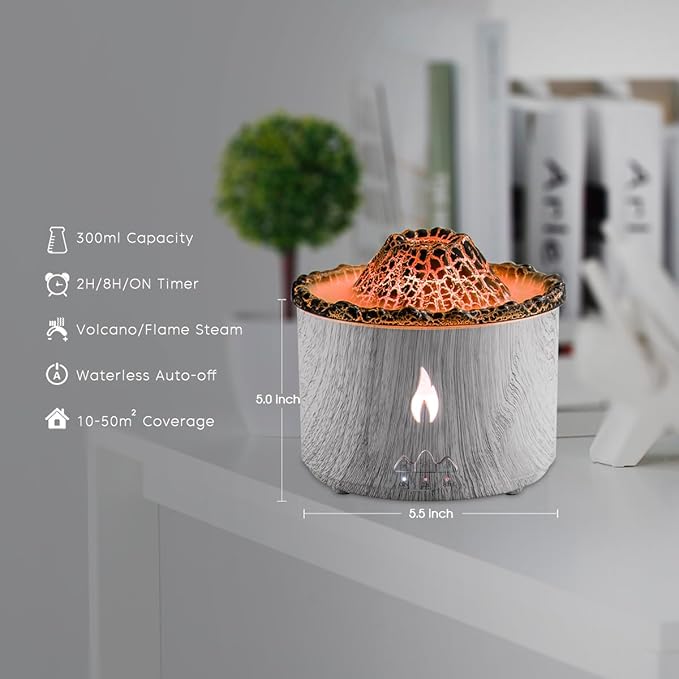 300ml Essential Oil Diffuser, Ice Volcano Flame Aromatherapy Diffusers Fragrant Humidifier Vaporizer with Remote Control, Night Lights, Timer Auto Off for Bedroom Office (Light Wood Grain)