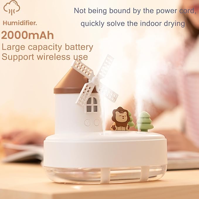 Humidifier for Bedroom,Portable Humidifier,Baby humidifier with rotating windmill and music box,double spray nozzles,two spray modes and Ambient Light,suitable for children,bedroom and office