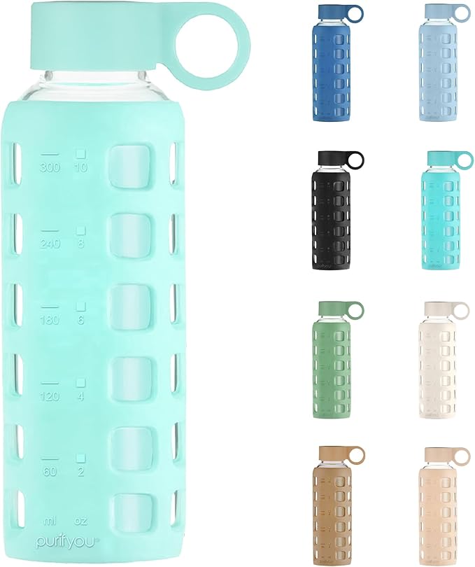 purifyou 40oz / 32oz / 22oz / 12oz Borosilicate Glass Water Bottle with Time & Volume Markers, Silicone Sleeve, Stainless Steel Lid | Reusable Glass Bottle for Water & Juice (12oz Glow-in-the-Dark)
