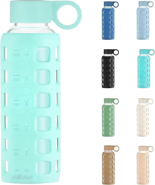 purifyou 40oz / 32oz / 22oz / 12oz Borosilicate Glass Water Bottle with Time & Volume Markers, Silicone Sleeve, Stainless Steel Lid | Reusable Glass Bottle for Water & Juice (12oz Glow-in-the-Dark)
