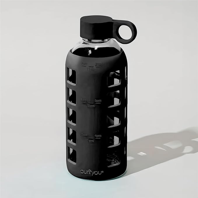 purifyou 40oz / 32oz / 22oz / 12oz Borosilicate Glass Water Bottle with Time & Volume Markers, Silicone Sleeve, Stainless Steel Lid | Reusable Glass Bottle for Water & Juice (22oz Jet Black)
