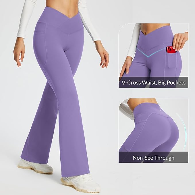 baleaf Women's V Crossover Flare Leggings with Pockets Yoga Pants High Waist Casual Workout Gym Bell Bottom Leggings-FlexoryFit