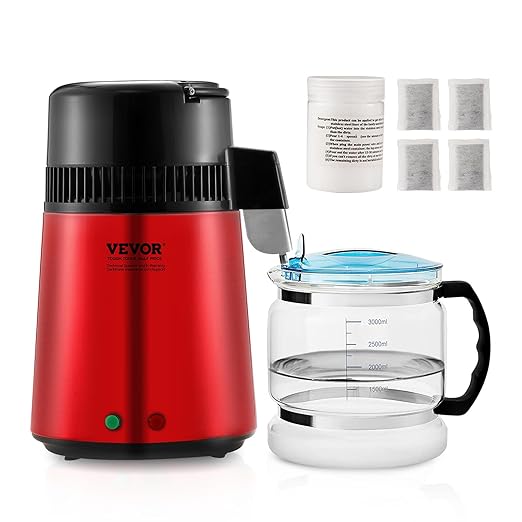 VEVOR Water Distiller, 4L 1.05 Gallon Pure Purifier Filter for Home Countertop, 750W Distilled Maker, Stainless Steel Interior Machine to Make Clean Water, Red