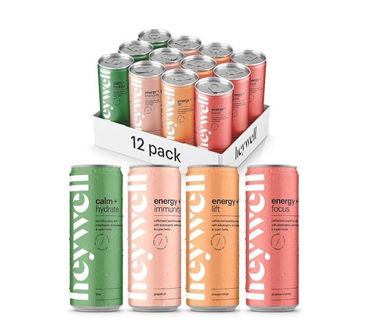 Heywell Sparkling Adaptogenic Water, Variety Pack 12 Fluid Ounce (Pack of 12) Includes - Lime, Grapefruit, Orange Mango, Strawberry Lemon - Calm Drink, Sparkling Drink-FlexoryFit