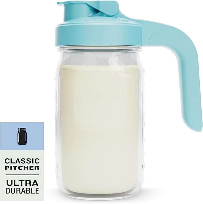 County Line Kitchen Glass Breast Milk Pitcher with Lid - Wide Mouth, 1 Quart (32 oz) - Heavy Duty, Leak Proof - Sun & Iced Tea Pitcher, Cold Brew Coffee, Breast Milk Storage, Water - Light Blue