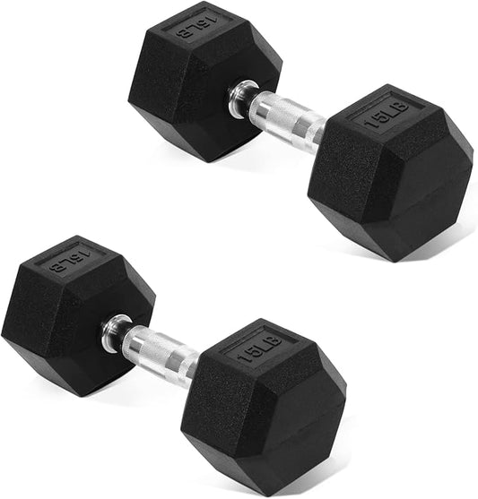 Rubber Encased Hex Dumbbell, Hand Weights with Anti-Slip Cast Iron Grip for Exercise & Fitness, Weights Dumbbells Set of 2 for Strength Training, 5-50 LBS Pair-FlexoryFit