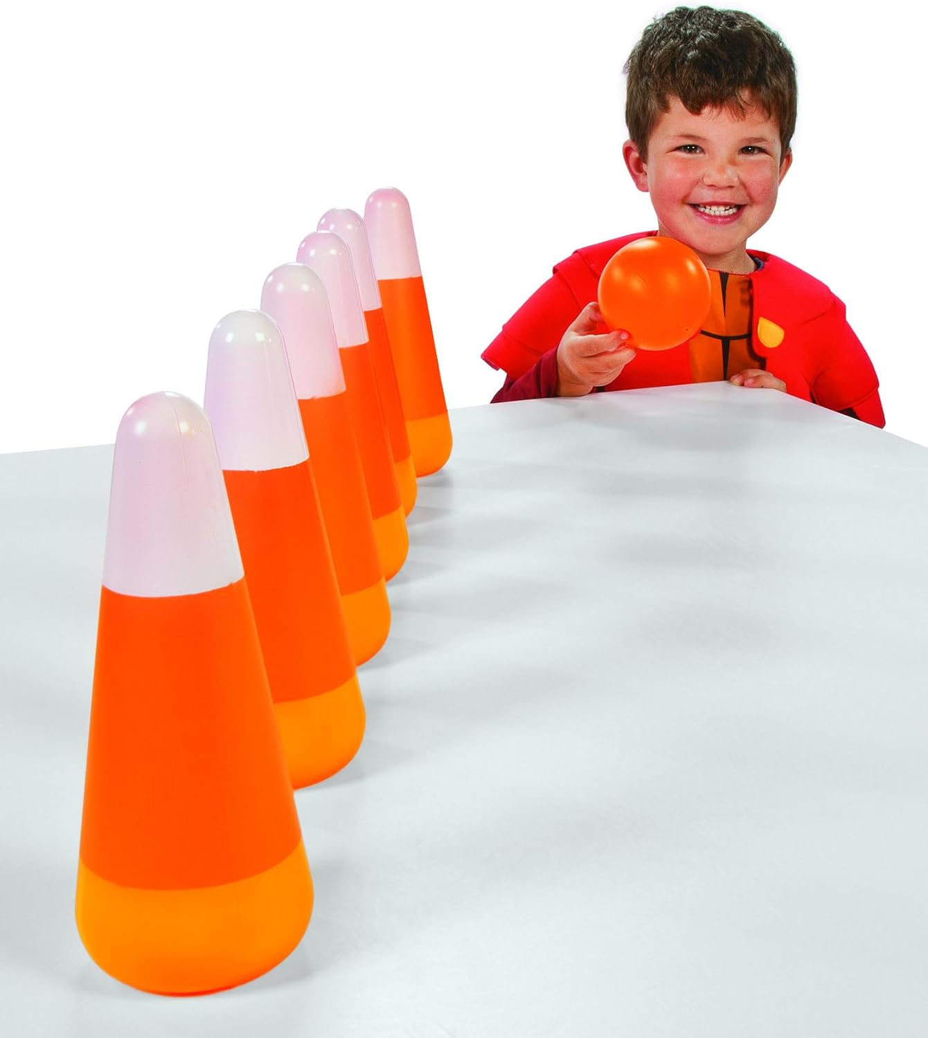 Fun Express Candy Corn and Pumpkin Bowling Set - Includes 6 Pins, 1 Ball - Great for Fall Festivals, Halloween and Other Seasonal Events - 7 Pieces