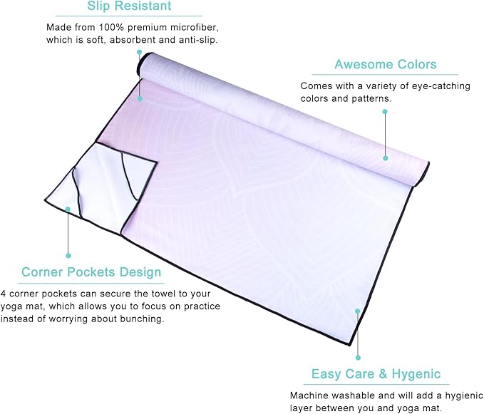 QiyI Yoga Mat Towel with Corner Pockets, Non Slip Sweat Absorbent Hot Yoga Towels, Soft Yoga Blankets with Travel Bag, Skidless Mat Cover for Workout, Gym, Fitness - 70"x26", Purple Mandala-FlexoryFit