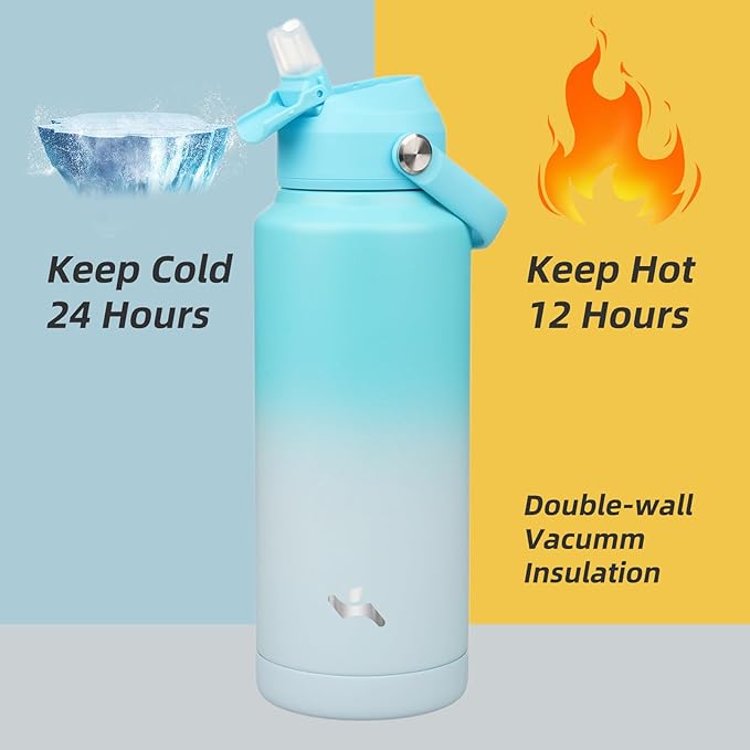 Insulated Water Bottle with Straw Lid,32 oz Stainless Steel Vacuum Metal Bottle with Silicone Handle,Sea Salt-FlexoryFit