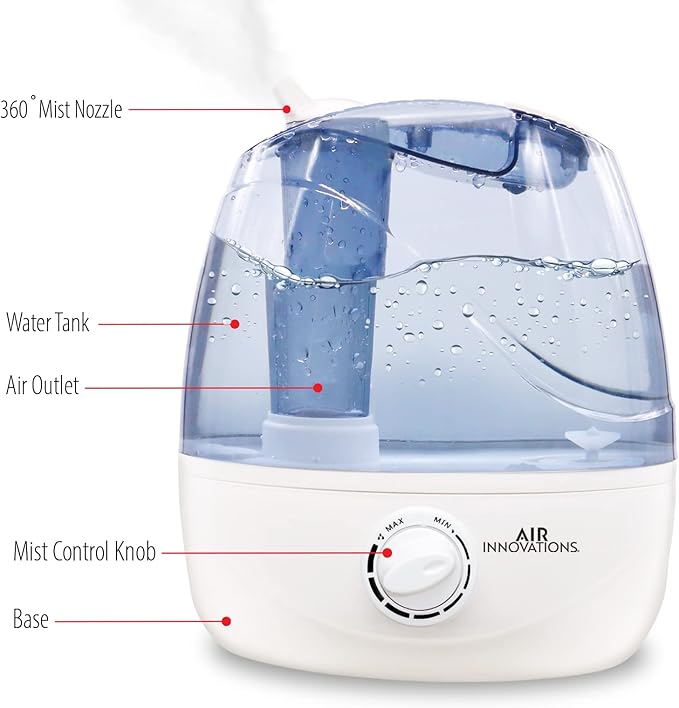Air Innovations AI-103 Ultrasonic Cool Mist Humidifier for Bedroom – Quiet Cool Mist Diffuser with 2.5L Tank, 23-Hour Runtime, Auto Shut-Off, 360° Nozzle – Ideal for Home, Dorm, & Apartment Essentials