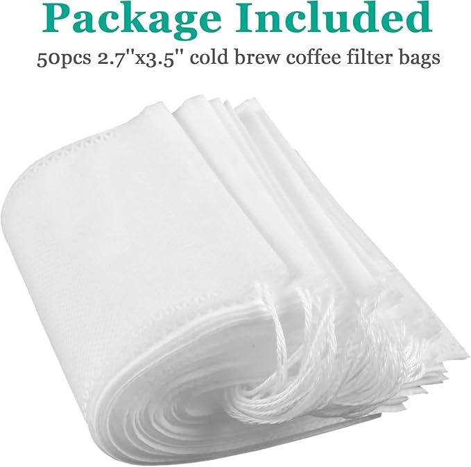 Yzurbu 50pcs 2.7''x3.5'' Cold Brew Coffee Filter Bags, No Mess Disposable Filter Bag with Drawstring for Coffee Grounds & Ice Tea