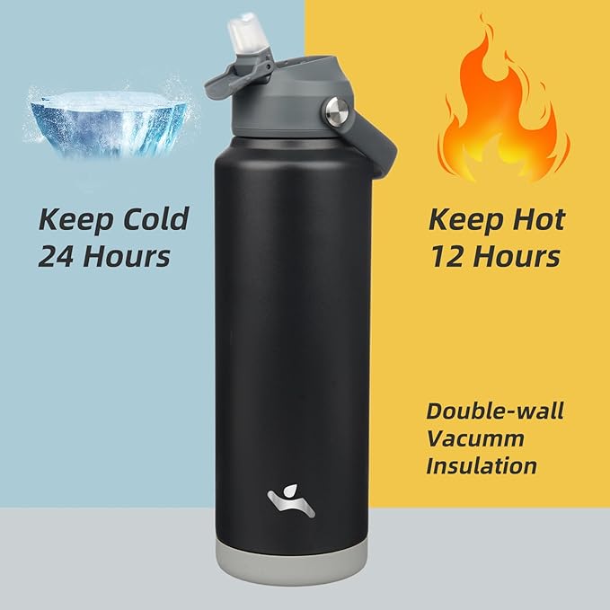 Insulated Water Bottle with Straw Lid,40 oz Stainless Steel Vacuum Metal Bottle with Silicone Handle,Black-FlexoryFit