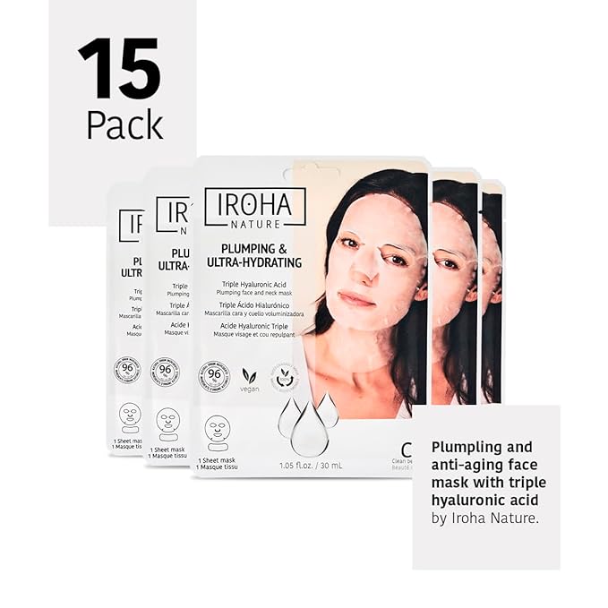 IROHA NATURE Replumping & Anti-Aging Tissue Face Mask (Pack of 15) | With Triple Hyaluronic Acid | Deep Hydration & Anti-Aging Effect | Softer, Calmer Skin | 100% Vegan-FlexoryFit