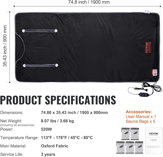 VEVOR Sauna Blanket, Compact Infrared Home Sauna with Oxford Fabric, Features Arm Openings & Carbon Fiber Warmers, Temp Settings 95-176℉, Timer 5-60 Mins, 75x35 inches