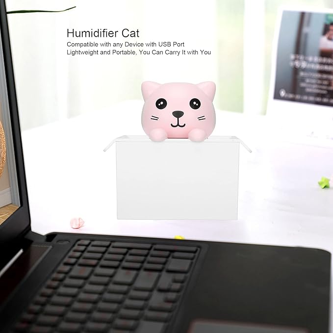 330ml Air Humidifier, Mute Adjustable Fog Mode Cat Shape Portable Humidifier with Color LED Light for Office Bedroom Car