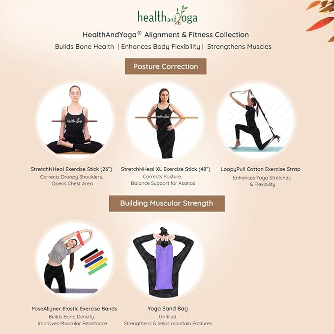 HealthAndYoga™ StretchNHeal Collapsible Multi-Use Wooden Yoga Stick - Regular and XL - Portable Posture Corrector Pole, Stretch Mobility Stick, Physical Workout Exercise Dowel-FlexoryFit