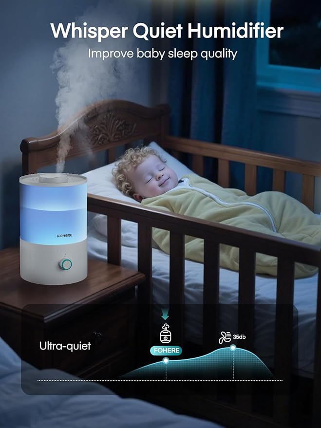 FOHERE Humidifiers for Bedroom, 3.2L Top Fill Cool Mist Ultrasonic Humidifier for Baby Rooms and Plants, 2-IN-1 Essential Oil Diffuser with 7-color Light and Auto Shut-off, BPA-Free, Quiet, White
